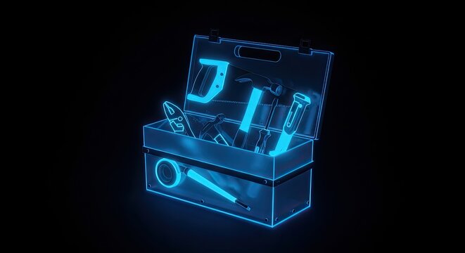 A glowing blue wireframe representation of an open toolbox filled with various tools, set against a dark background.