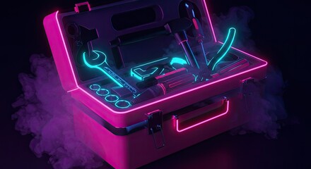 Open toolbox with glowing neon pink and blue outlines, revealing various tools amidst a smoky, dark, and futuristic setting.
