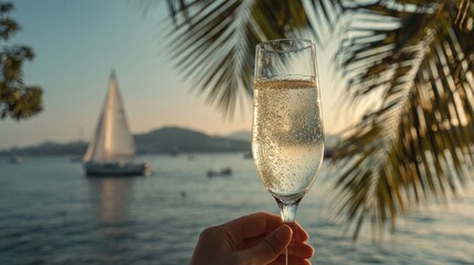 A Toast to Tranquility: Sparkling champagne, captured in a picturesque beach setting, a boat sails in the distance, palm leaves framing the scene with a touch of natural elegance.