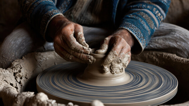 A potter's hands skillfully shaping clay on the pottery wheel, creating a unique vessel.