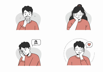 Illustrations of young people experiencing disappointment and sadness from phone interactions, social media, and communication issues.