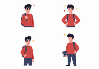 Young Male Student Character in Various Happy and Confident Poses with Backpack and Laptop, Flat Vector Illustration.