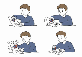 Frustrated man attempting to erase mistakes from a document, leading to crumpled, torn paper and a look of defeat.