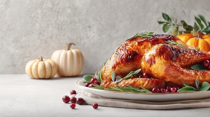 Golden roasted turkey centerpiece with cranberries, sage, and pumpkins, festive Thanksgiving holiday meal presentation on rustic neutral background