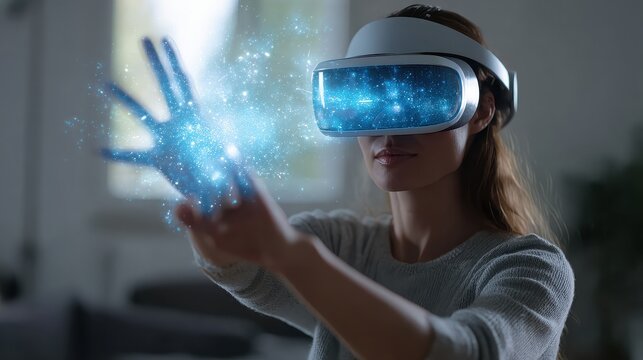 Woman wearing a vr headset interacting with a digital interface with glowing blue particles around her hands
