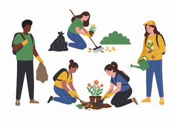 People volunteering for gardening and environmental cleanup. Diverse group planting flowers, raking leaves, and picking up trash to care for nature.