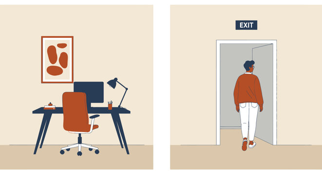 A person leaving the office, walking towards the exit door, with a desk, computer, and artwork in the background, symbolizing the end of the work day