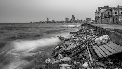 Gray shoreline littered with debris, overlooking a city skyline