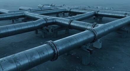 A complex network of industrial pipelines, likely for oil or gas transport, stretching across a barren landscape under a muted sky.