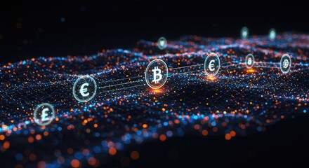 Digital Currency Network: Bitcoin, Euro, Pound Symbols on Abstract Data Landscape