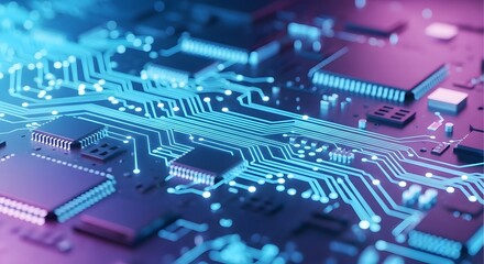 Intricate blue and purple circuit board with glowing electronic components