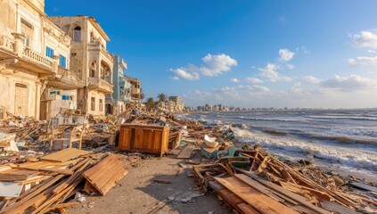 Coastal destruction, debris litters beach in front of damaged buildings