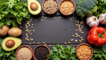 Fresh vegetables, seeds, and grains arranged wooden table create vibrant and healthy display. This colorful assortment promotes nutritious eating
