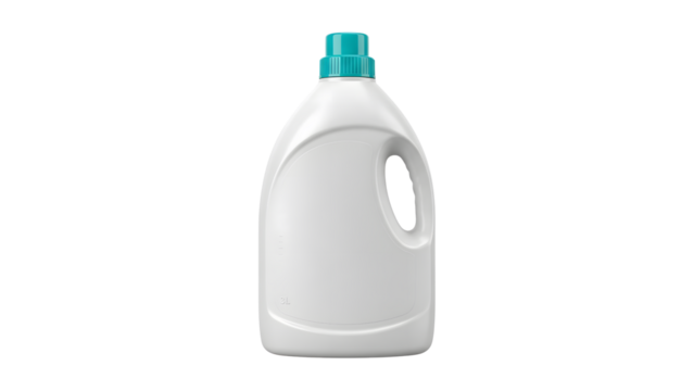 White plastic detergent bottle with blue cap; isolated on a transparent background with soft shadowing