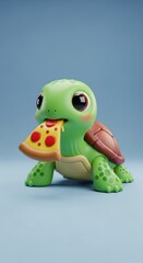 Obraz premium Charming Animated Turtle Character Enjoying a Slice of Pizza Against a Soft Blue Backdrop