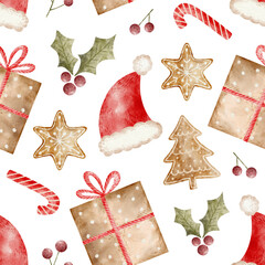 Christmas seamless pattern with festive gift and present box. Watercolor santa hat, candy cane and gingerbread cookie. Holiday decoration with holly leaf and berry.