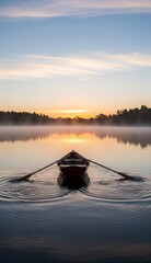 Obraz premium Ein hölzernes Ruderboot liegt auf einem stillen See in der Morgendämmerung