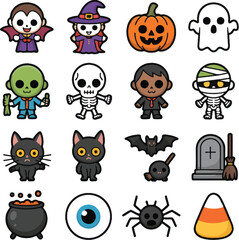 Cute Halloween kawaii characters vector set with vampire witch zombie and skeleton for a kids costume party.


