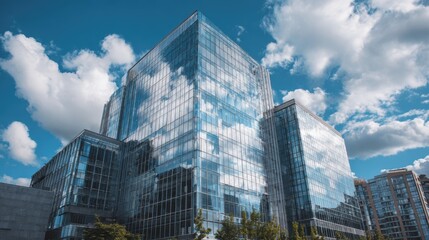 Fototapeta premium Modern office building or business center. High-rise window buildings made of glass reflect the clouds and the sunlight. empty street outside wall modernity civilization. growing up business