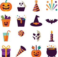 Halloween party icon set vector illustration with pumpkin candy witch hat and skull for festive holiday celebration.

