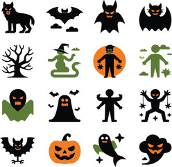 Halloween monsters and mythical creatures icon set. Spooky vector symbols of ghosts, bats, and werewolves.

