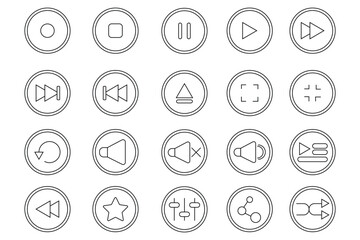 Set of Media player icons in line style. Music, interface, design media player buttons collection. Vector Illustration.