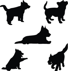Dog puppy running and playing in different positions silhouette set vector illustration