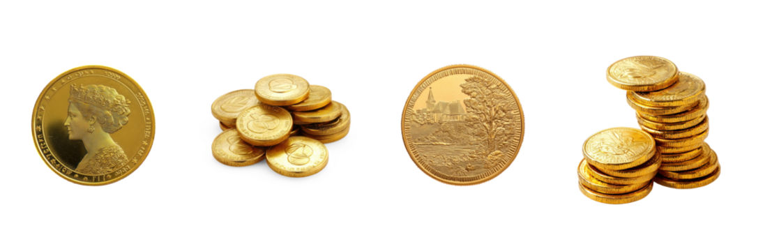 Collection of gold coins have a timeless, classic appeal that never fades. full length isolate on transparent background