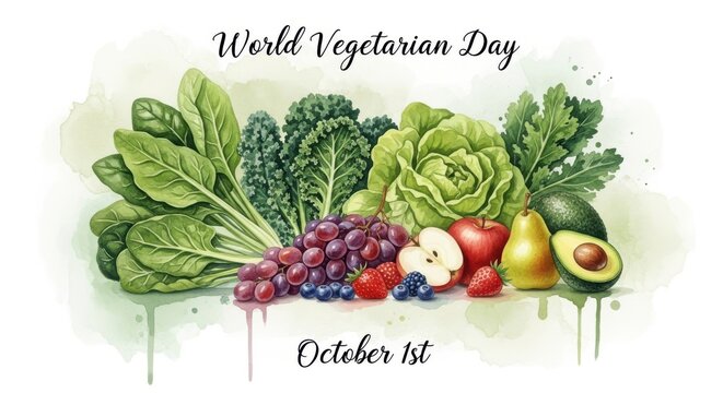Colorful Vegetables and Fruits Illustration Celebrating World Vegetarian Day October 1st