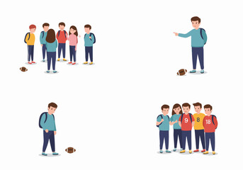 Social exclusion and bullying among school children, showing a lonely boy being ostracized by peers.