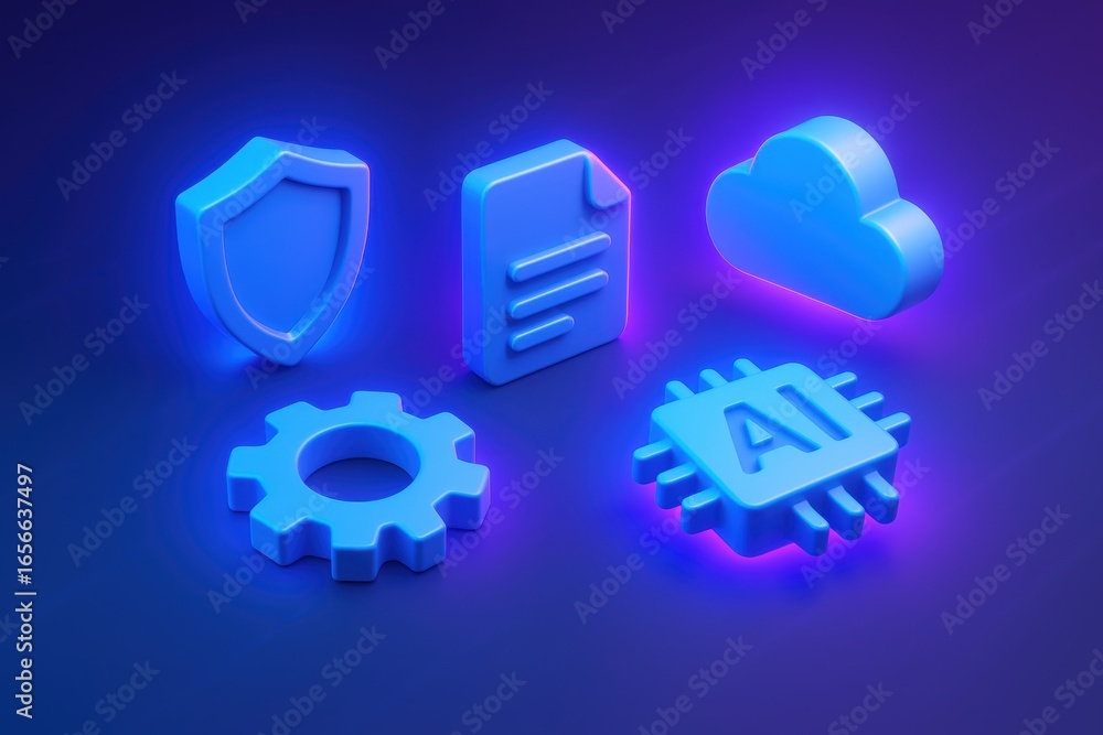 Poster digital age icons: an array of sleek, neon-blue icons representing the core elements of the digital 