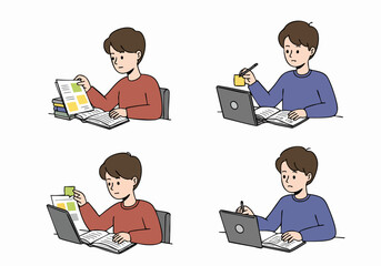 Young man studying and working with books and a laptop, illustrating modern education, remote work, and focused learning.