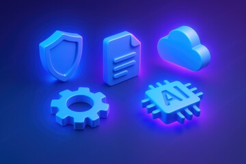 Fototapeta premium Digital Age Icons: An array of sleek, neon-blue icons representing the core elements of the digital age, set against a gradient backdrop, symbolizing connectivity and innovation. 