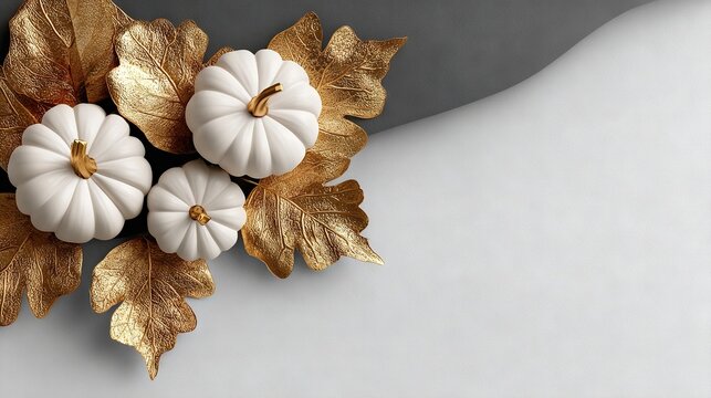 White pumpkins with golden leaves on elegant textured background, modern minimalist autumn seasonal decoration concept for festive Thanksgiving designs