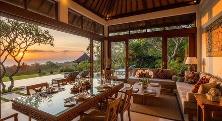 Fototapeta premium Balinese style dining and living area with open doors to a tropical sunset view.