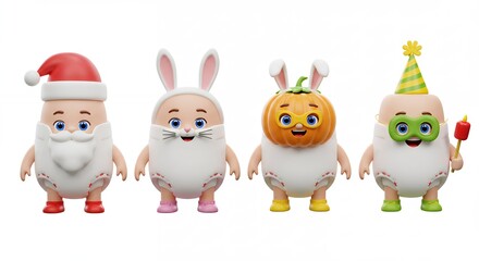 Cartoon characters in costumes isolated on white background