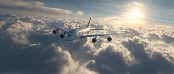 Airbus A380 Soaring Above the Clouds at Sunset