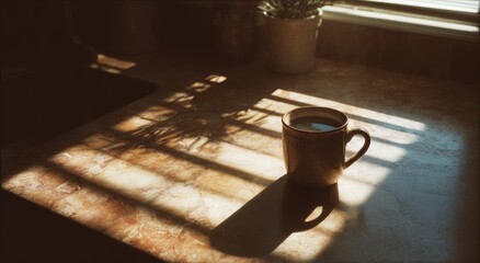 Sunlit coffee mug on kitchen counter