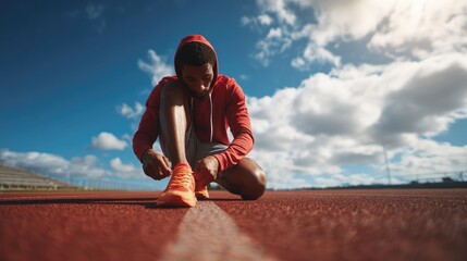 Man tying running shoes on a track