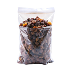 Dried raisins in clear plastic bag isolated on transparent background