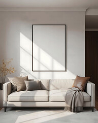 Modern living room with a comfortable sofa and a blank square frame on the wall bathed in sunlight