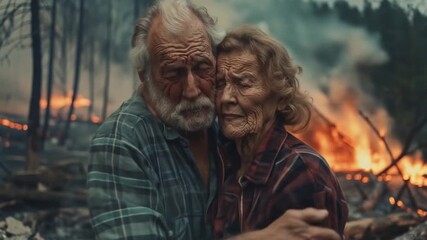 Elderly couple embracing amid devastating wildfire destruction, their home burning behind them in apocalyptic orange flames and smoke - Powered by Adobe