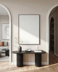 Modern entryway with a large blank canvas artwork above a dark console table with vases