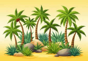 Tropical island with lush palm trees, exotic plants, and rocks under a bright sunny sky, evoking a sense of paradise