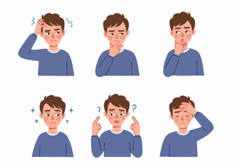 Young man vector illustration set showing various states of confusion, thought, and worry.