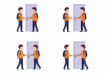 Boy with Backpack Opening and Closing a Door Sequence