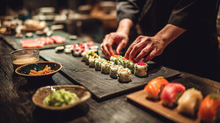 Chef preparing sushi, showcasing the art of Japanese cuisine with fresh ingredients.