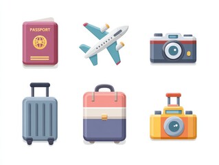 Travel icons passport, plane, cameras, and suitcases depicted in a flat, cartoon style
