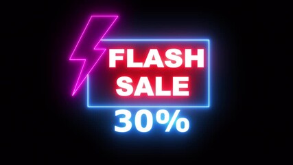 Flash sale neon light sign, purple and blue colors, Glowing neon line of FLASH SALE 30% sign banner for promo video. Shopping, great discount and clearance, social media, communication. - Powered by Adobe