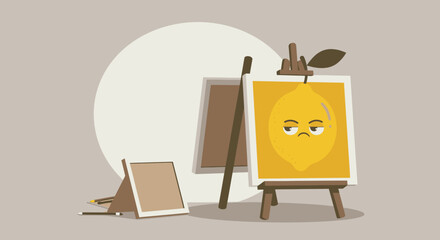 A lemon painting on an easel, showcasing a sarcastic and cynical expression, reflecting a critical and skeptical view of the world